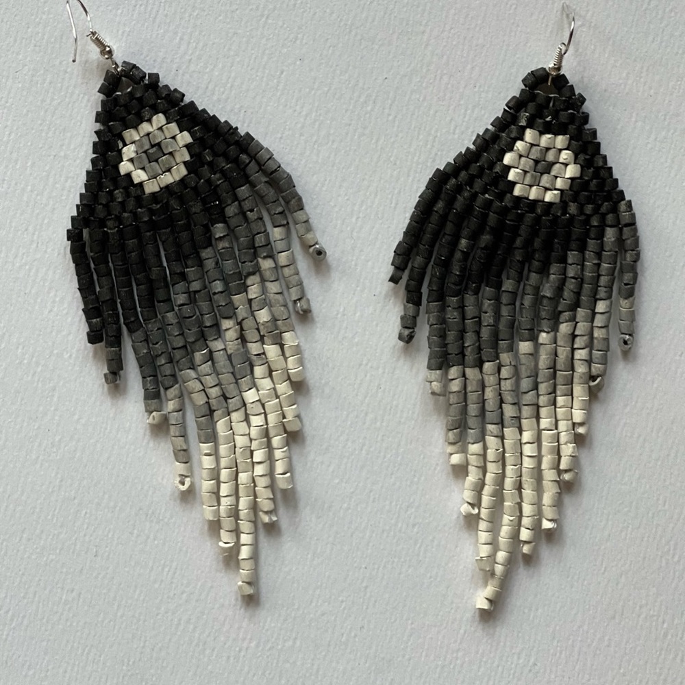 Hand-painted dyed beads Boho 60s 70s Fringe tassel beaded drop earrings